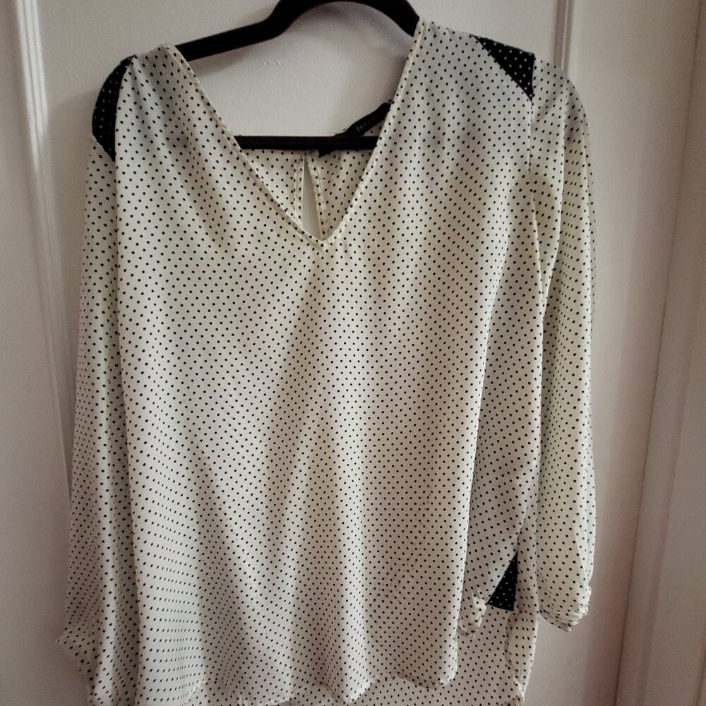 ZARA BASIC Polka Dot V-Neck Blouse with Contrast Shoulder Detail - Large.